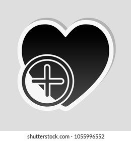 heart and plus. simple silhouette. Sticker style with white border and simple shadow on gray background