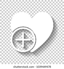 heart and plus. simple silhouette. White icon with shadow on transparent background
