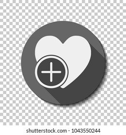 heart and plus. simple silhouette. White flat icon with long shadow in circle on transparent background