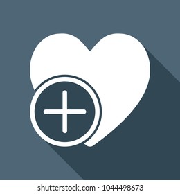 heart and plus. simple silhouette. White flat icon with long shadow on background