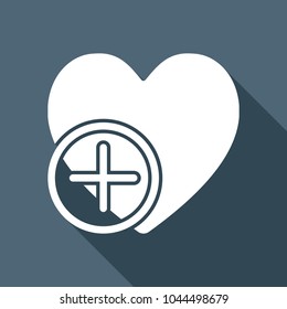 heart and plus. simple silhouette. White flat icon with long shadow on background