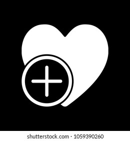 heart and plus. simple silhouette. White icon on black background. Inversion