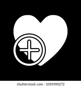 heart and plus. simple silhouette. White icon on black background. Inversion