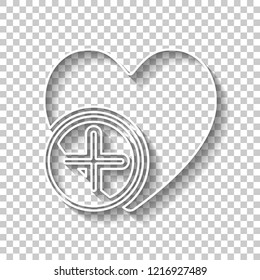 heart and plus. simple silhouette. White outline sign with shadow on transparent background