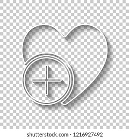 heart and plus. simple silhouette. White outline sign with shadow on transparent background