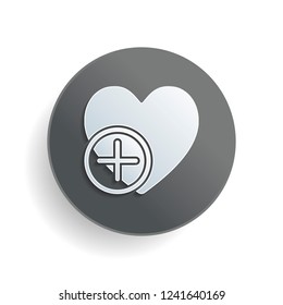 heart and plus. simple silhouette. White paper symbol on gray round button with shadow