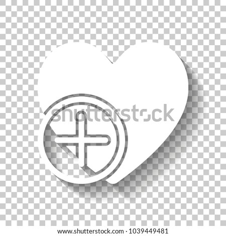 heart and plus. simple silhouette. White icon with shadow on transparent background