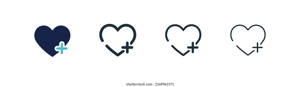 Heart Plus Vector Icon. Black And Blue Hearts Symbol. Simple Pharmacy Outline Icons. Set Of Health Icons. EPS10