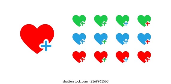 Heart plus vector icon. Green, blue, and red hearts symbol. Simple pharmacy outline icons. Set of health icons. EPS10