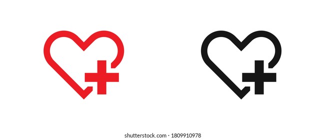 Heart with plus vector red and black icon. Medical symbol in flat. Simple design.