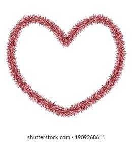 Heart. Plush love symbol made of tinsel. Colored vector illustration. Isolated white background. Valentines Day. Ruby color. Cute fluffy heart. Frame. Idea for web design, banner, invitation, postcard