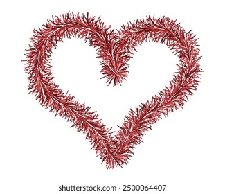 Heart. Plush symbol of love made of red tinsel. Colored vector illustration. Isolated white background. Love frame. Cute fluffy heart. Sign for lovers. Romantic heart symbol. Idea for web design.