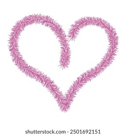 Heart. Plush symbol of love made of pink tinsel. Color vector illustrations. Isolated white background. Love frame. Cute fluffy heart. Sign for lovers. Symbol of romantic heart. Idea for web design.