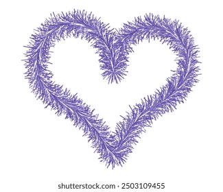 Heart. Plush symbol of love made of lavender tinsel. Color vector illustrations. Isolated white background. Love frame. Cute fluffy heart. Sign for lovers. Symbol of romantic heart. 