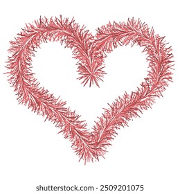 Heart. Plush symbol of love made of red tinsel. Colored vector illustration. Isolated white background. Love frame. Cute fluffy heart. Sign for lovers. Romantic heart symbol. Idea for web design.