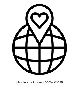 Heart point on the globe icon. Outline heart point on the globe vector icon for web design isolated on white background