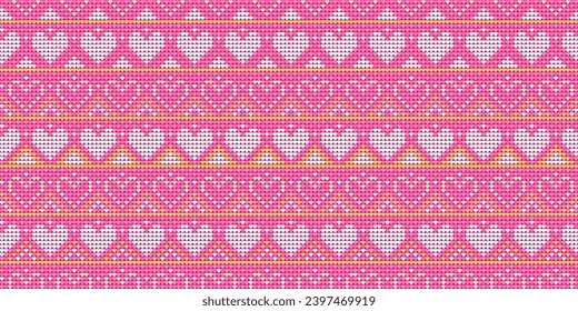 Heart point pattern, Cute cross stitch background, Knitted valentine pattern, Love handcraft triangle style, White and pink pattern love knit thread, Design for textile, fabric, batik, wrapping