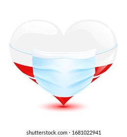 Heart in the Poland flag colors with a medical mask for protection from coronavirus
