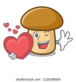 With heart porcini mushroom mascot cartoon