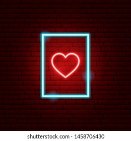 Heart Postcard Neon Sign. Vector Illustration of Love Promotion.