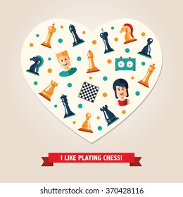 Heart postcard of vector flat design isolated named chess icons. Collection of the king, queen, bishop, knight, rook, pawn, board, clock and players
