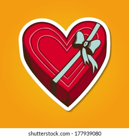 Heart present box with bow. Paper sticker imitation. Vector card concept. Romantic tender design