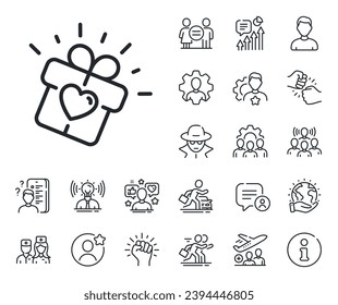 Heart present box sign. Specialist, doctor and job competition outline icons. Love gift line icon. Dating profile symbol. Love gift line sign. Avatar placeholder, spy headshot icon. Vector