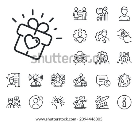 Heart present box sign. Specialist, doctor and job competition outline icons. Love gift line icon. Dating profile symbol. Love gift line sign. Avatar placeholder, spy headshot icon. Vector
