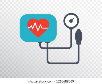 Heart pressure icon in flat style. Arterial blood pressure checking concept. Blood pressure meter isolated on transparent background. Medical examination. Healthcare. Heart test. Vector illustration.