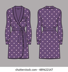 Heart print bathrobe for women. Isolated vector. Front and back views.