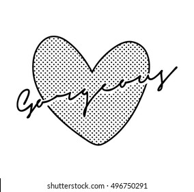 Heart print with dot pattern and text on it, in vector