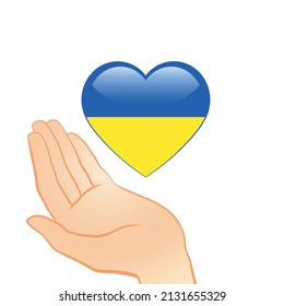 Heart with print the national flag of Ukraine in female hand. Copy space. EPS10 vector illustration.