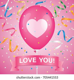Heart printed pink ballon with ribbon and colorfull confetti on a pink background. Romantic greeting card vector design.