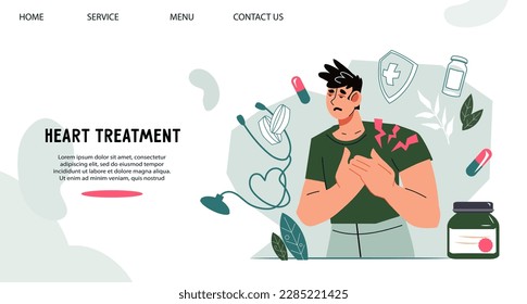 Heart problems and cardiology website banner design with man who has sudden heart pain. Heart attack or stroke treatment concept for web page, flat cartoon vector illustration.