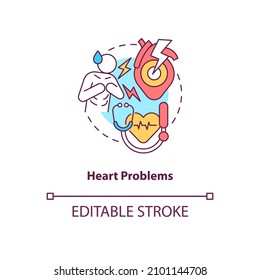 Heart Problems Concept Icon. Cardiovascular System Disease. Chest Pain Abstract Idea Thin Line Illustration. Isolated Outline Drawing. Editable Stroke. Roboto-Medium, Myriad Pro-Bold Fonts Used