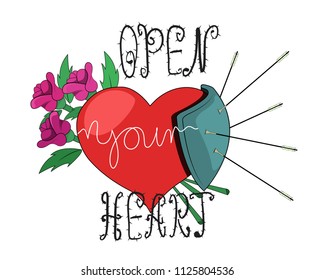 Heart protected by a shield (the inscription-open your heart) - the image to print on clothes, t-shirt, postcard, poster, stacker...
