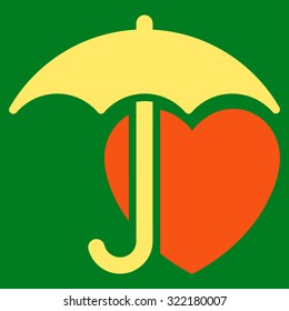 Heart Protection vector icon. Style is bicolor flat symbol, orange and yellow colors, rounded angles, green background.