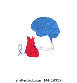 the heart pulls the threads of a brain, which is depicted as a ball for knitting.It's metaphorical.