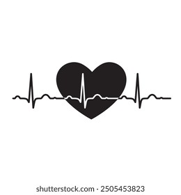 Heart pulse. black and white colors. Heartbeat lone, cardiogram. Beautiful healthcare, medical background. Modern simple design. Icon. sign or logo. Flat style vector illustration. heart silhouette