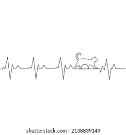 Heart Pulse, Cardiogram line vector, cat silhouette. Synonym Love cats. Minimalist art design, wall artwork, isolated on white background