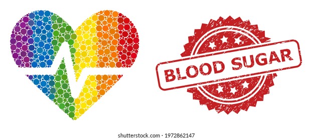 Heart pulse collage icon of circle blots in different sizes and LGBT colored color tints, and Blood Sugar grunge rosette seal imitation. A dotted LGBT-colored Heart pulse for lesbians, gays,
