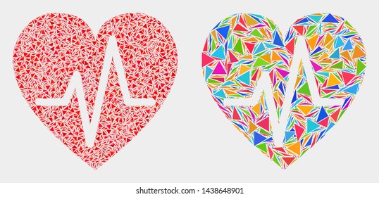 Heart pulse collage icon of triangle elements which have variable sizes and shapes and colors. Geometric abstract vector illustration of heart pulse.