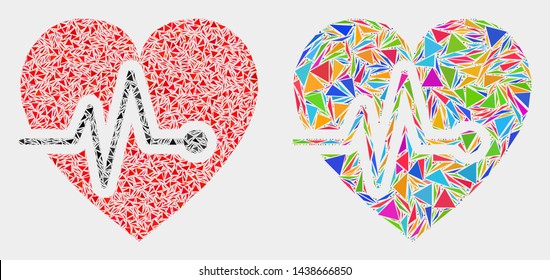 Heart pulse collage icon of triangle items which have various sizes and shapes and colors. Geometric abstract vector design concept of heart pulse.