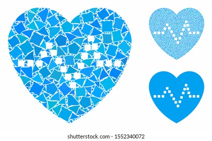 Heart pulse composition of irregular pieces in variable sizes and color tints, based on heart pulse icon. Vector trembly pieces are combined into composition.