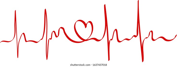Heart pulse continuous line drawn by hand in red color. Love concept. Heartbeat cardiogram, medical background. Digital painting doodle style in vector EPS 10