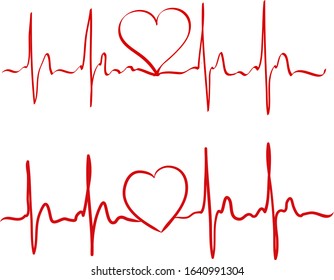 Heart pulse continuous line drawn by hand in red color. Love concept. Heartbeat cardiogram, medical background. Digital painting doodle style in vector EPS 10