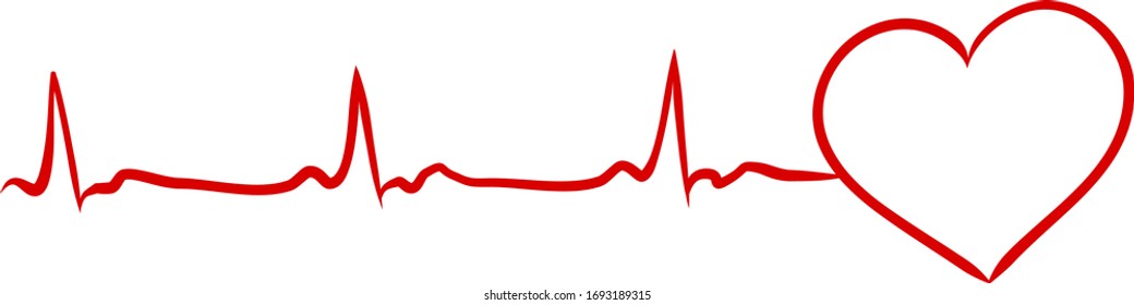 Heart pulse continuous line drawn by hand in red color. Love concept. Heartbeat cardiogram, medical background. Digital painting doodle style in vector EPS 10