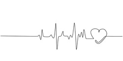 Heart Pulse Continuous One Line Drawing. Heartbeat Cardiogram Healthcare Concept. Vector Illustration Single Sketch Outline.