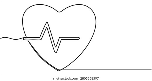 heart pulse continuous one line drawing, minimalist design isolated heartpulse, outline illustration in white background. 