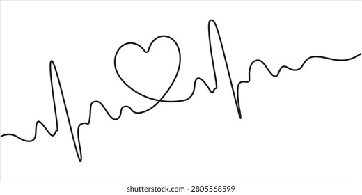 heart pulse continuous one line drawing, minimalist design isolated heartpulse, outline illustration in white background. 
